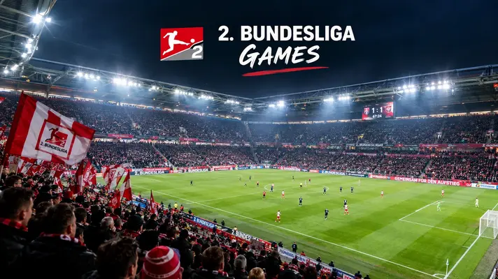 Ausverkauftes Stadion bei den 2. Bundesliga Games unter Flutlicht mit rot-weißen Fanfahnen und Anzeigetafel.