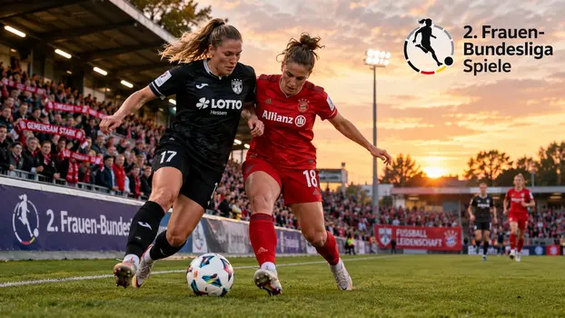 Zwei Fußballspielerinnen im Zweikampf während eines spannenden 2. Frauen-Bundesliga Spiels bei Sonnenuntergang.