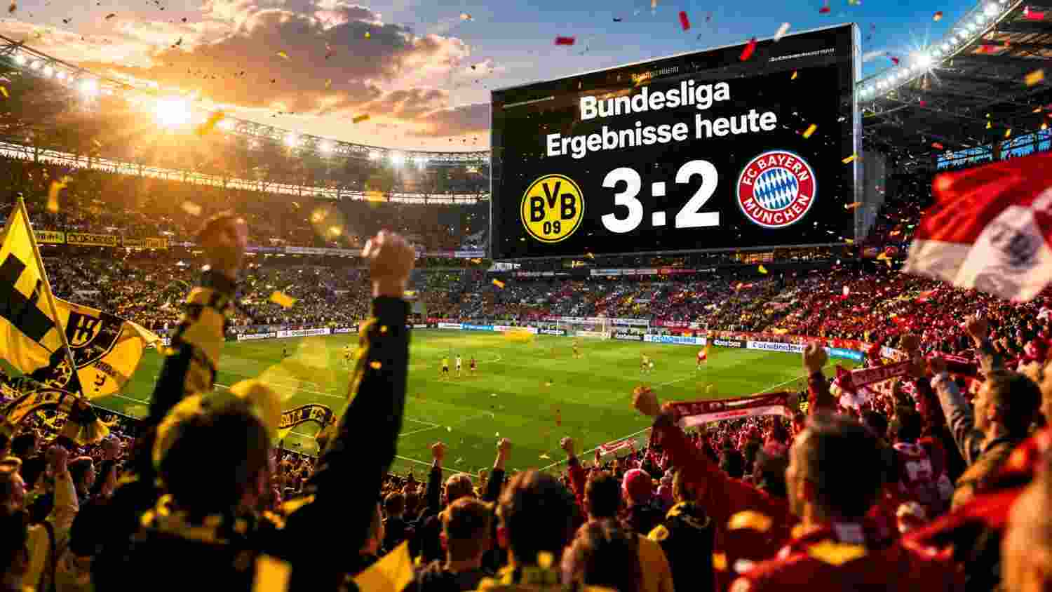 Bundesliga Ergebnisse heute Anzeigetafel im Stadion beim Spiel Dortmund gegen Bayern 3:2 mit feiernden Fans