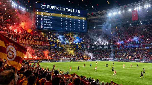 Aktuelle Süper Lig Tabelle auf einer riesigen Stadion-Anzeigetafel während eines Livespiels mit Fans von Galatasaray, Fenerbahçe und Beşiktaş.