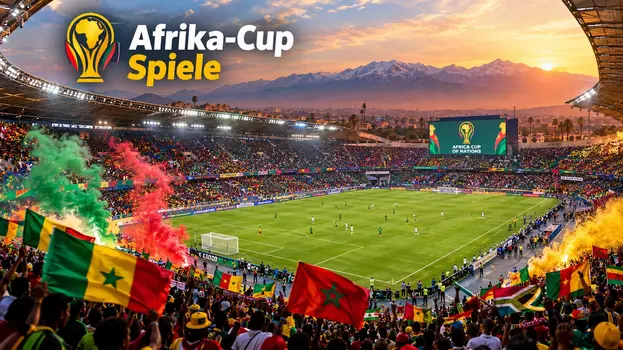 Afrika-Cup Spiele 2025 Stimmung im gefüllten Stadion in Marokko mit Atlas-Bergkulisse und bunten Fan-Flaggen.