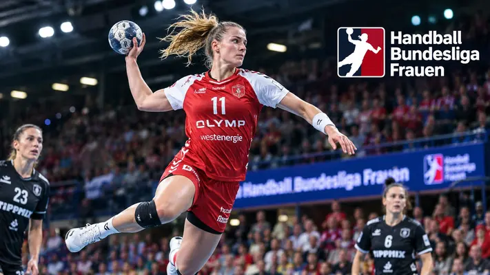 Handball-Bundesliga Frauen Spielerin im rot-weißen Trikot führt einen dynamischen Sprungwurf in einer voll besetzten Sporthalle aus.