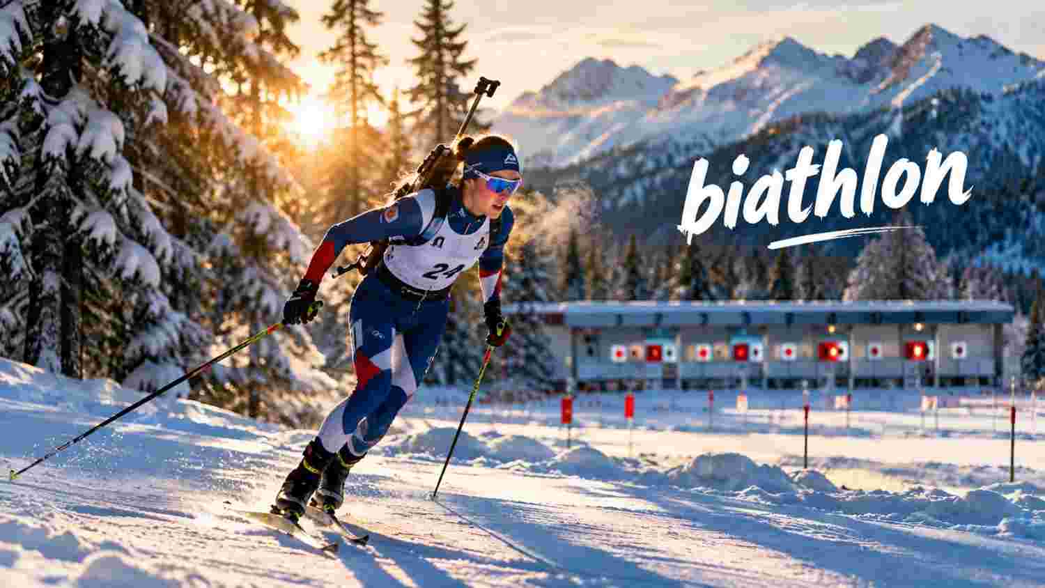 Biathlon heute live: Biathletin mit Startnummer 24 läuft bei Sonnenaufgang am Schießstand vorbei