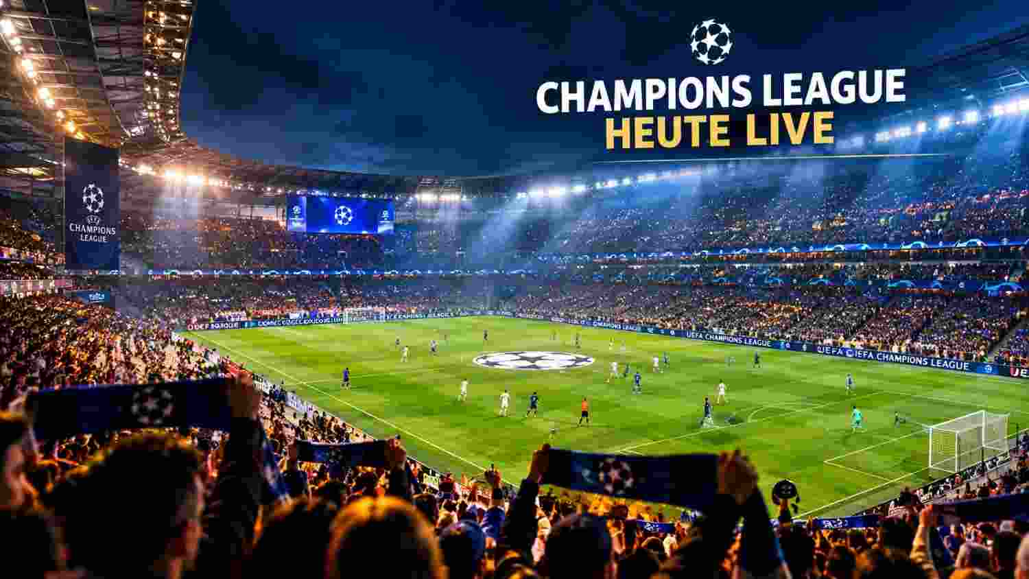 Champions League heute live: Volles Stadion bei Flutlicht mit Spielern und Fans während eines Top-Spiels
