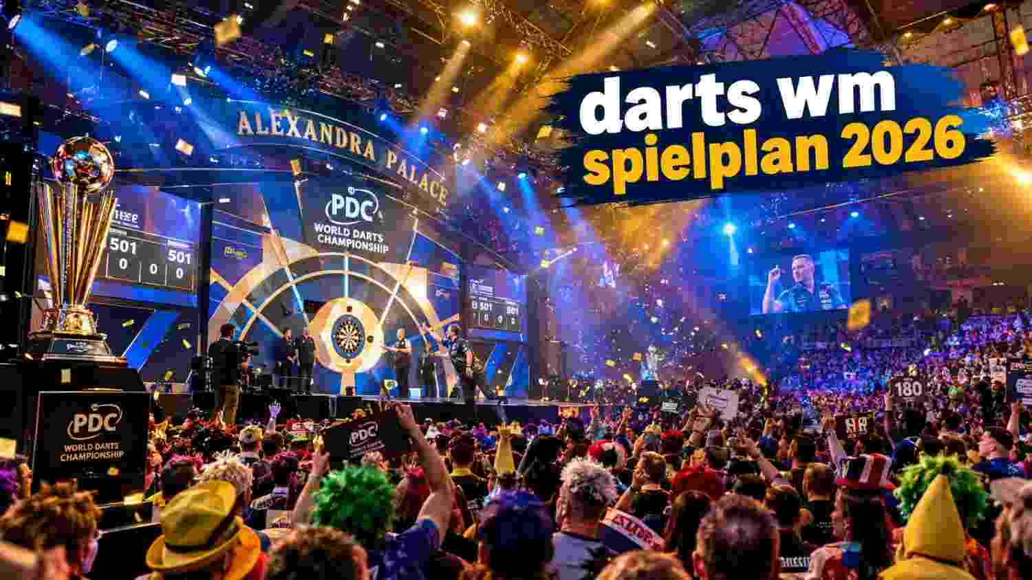 Spektakuläre Bühne im Alexandra Palace bei der Weltmeisterschaft mit jubelnden Fans und dem hervorgehobenen Schriftzug Darts WM Spielplan 2026.