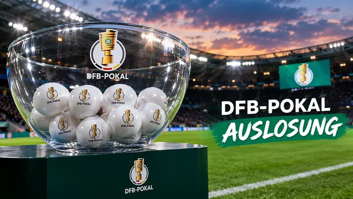 Glaskugel mit DFB-Pokal-Losen auf einem Podest im Fußballstadion bei Sonnenuntergang für die DFB-Pokal Auslosung.
