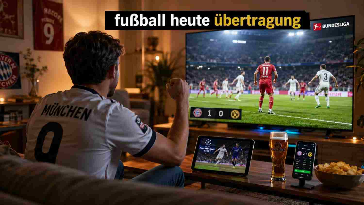 Fußball heute Übertragung: Fan schaut Bundesliga Live-Spiel auf TV, Tablet und Smartphone