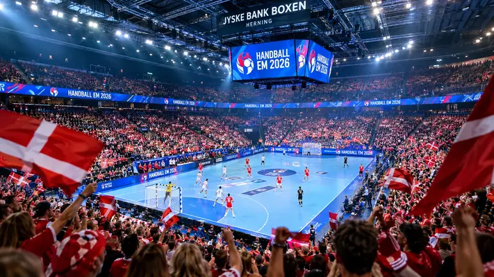 Vollbesetzte Jyske Bank Boxen Arena in Herning während der Handball EM 2026 mit dänischen Fans und Flaggen.