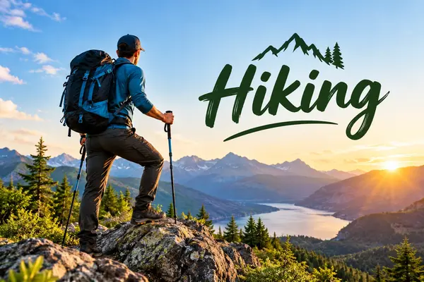 Hiker with backpack and trekking poles standing on a mountain overlooking a scenic lake