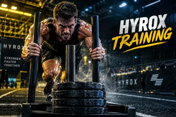 Athlete performing a heavy sled push during a Hyrox training workout.