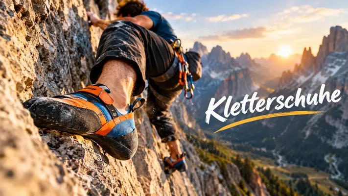 Kletterschuhe mit orangem und blauem Klettverschluss haften auf einer Felskante beim Klettern in den Dolomiten bei Sonnenuntergang
