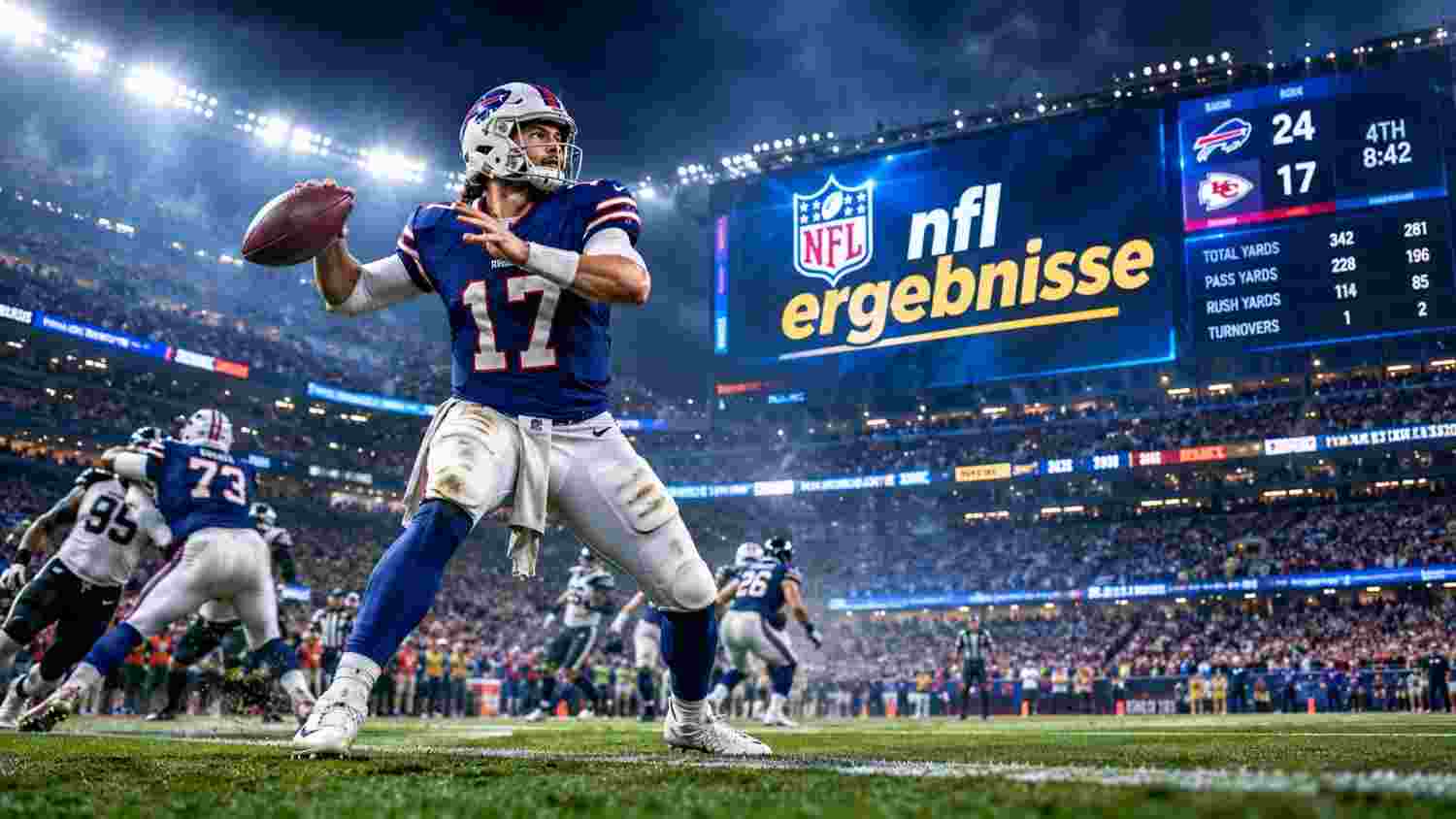 NFL Ergebnisse Live-Anzeigetafel im Stadion mit Quarterback beim Pass während eines Playoff-Spiels 2025.
