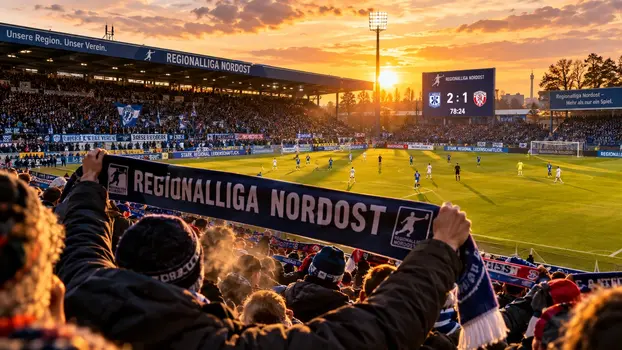 Volles Stadion der Regionalliga Nordost bei Sonnenuntergang mit Fans, die einen Schal hochhalten.