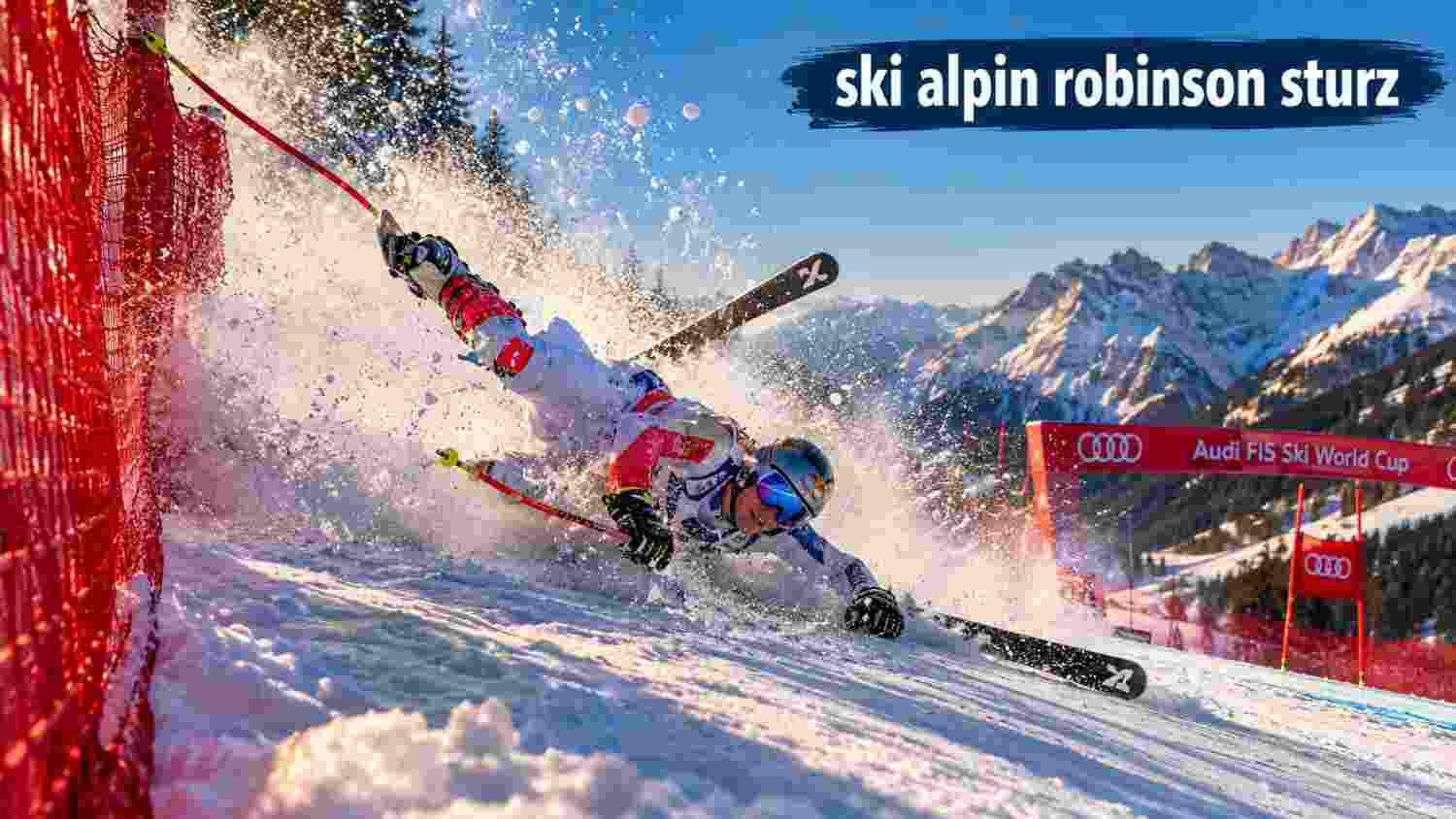 Dramatischer Ski Alpin Robinson Sturz: Ein Skirennfahrer stürzt bei hoher Geschwindigkeit auf einer eisigen Weltcup-Piste, wirbelt Schnee auf und rutscht in die roten Sicherheitsnetze.