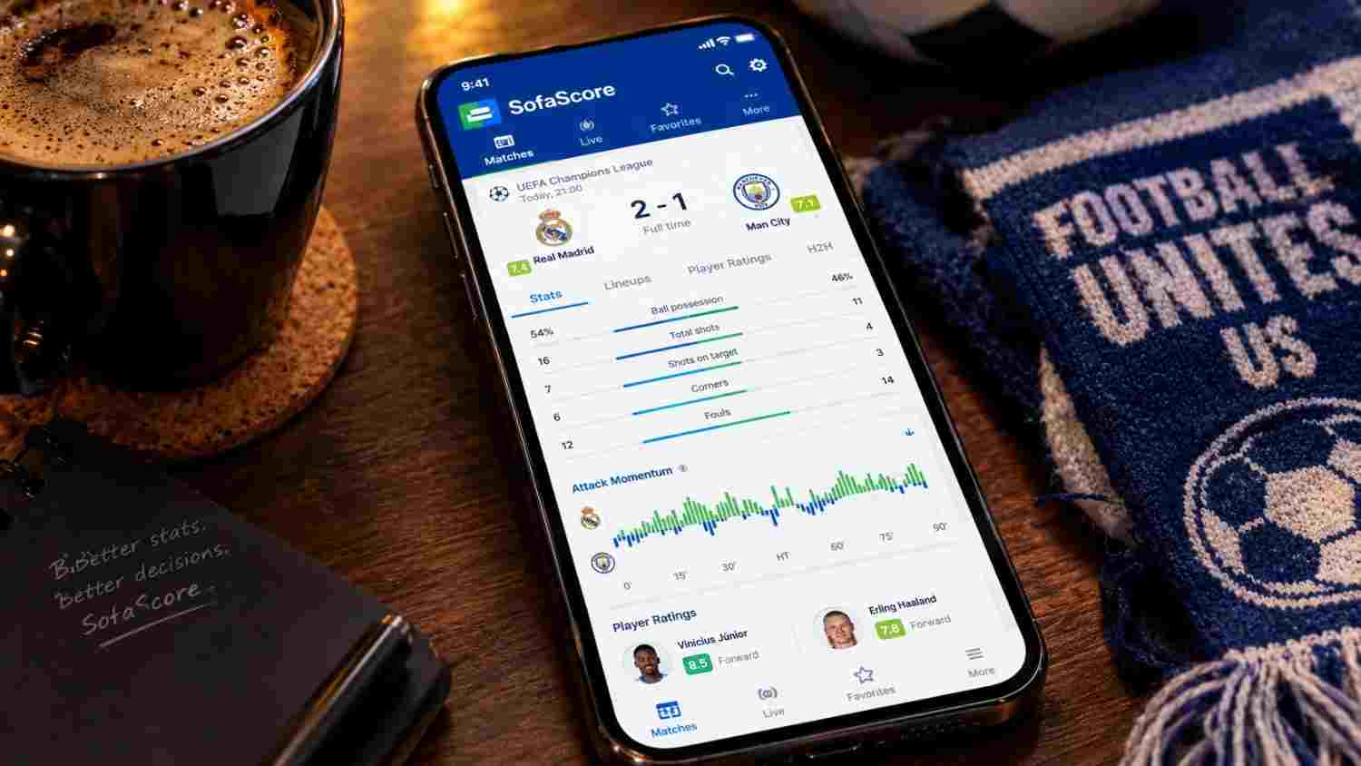SofaScore App auf einem Smartphone zeigt Champions League Live-Scores, Attack Momentum Graph und Spielerbewertungen.
