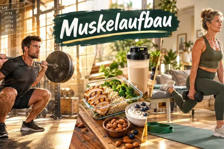 Collage zum Muskelaufbau: Mann bei Kniebeugen im Gym, Muskelaufbau Ernährung mit Hähnchen und Reis, Frau bei Übungen für zuhause.