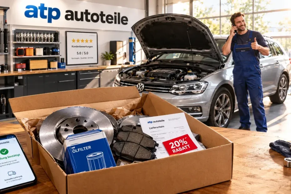 Geöffnetes Paket der ATP Autoteile GmbH mit Marken-Bremsscheiben, Ölfilter, 20 % Rabatt Gutscheincode und Lieferschein. Im Hintergrund telefoniert ein Werkstatt-Mechaniker mit dem Kundenservice.