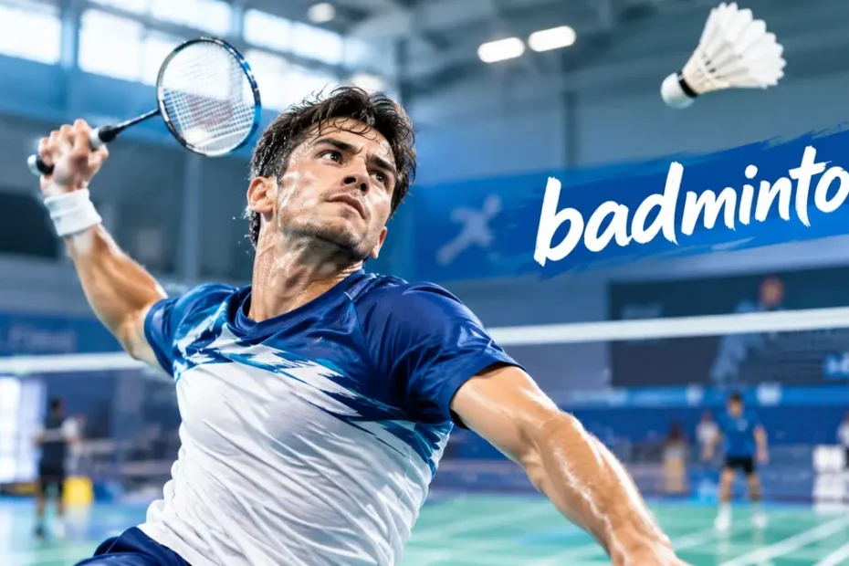 Dynamischer Badminton-Spieler beim Smash in einer Sporthalle mit Schläger und Shuttlecock in der Luft