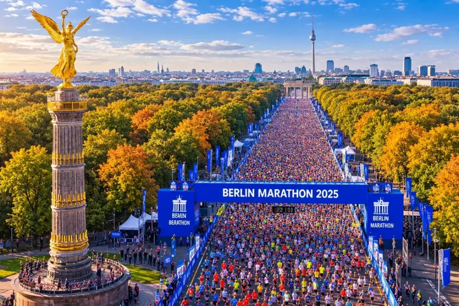 Luftaufnahme des Berlin Marathon 2025 Startbereichs an der Siegessäule mit tausenden Läufern auf der Straße des 17. Juni.