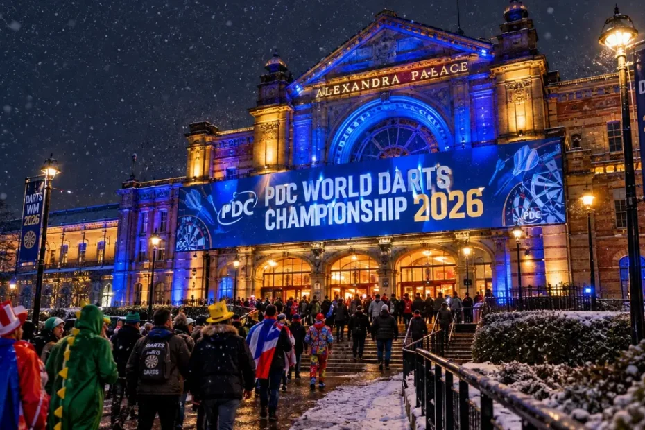 Blau beleuchteter Alexandra Palace in London bei Nacht im Schnee mit verkleideten Fans zur PDC Darts WM 2026.