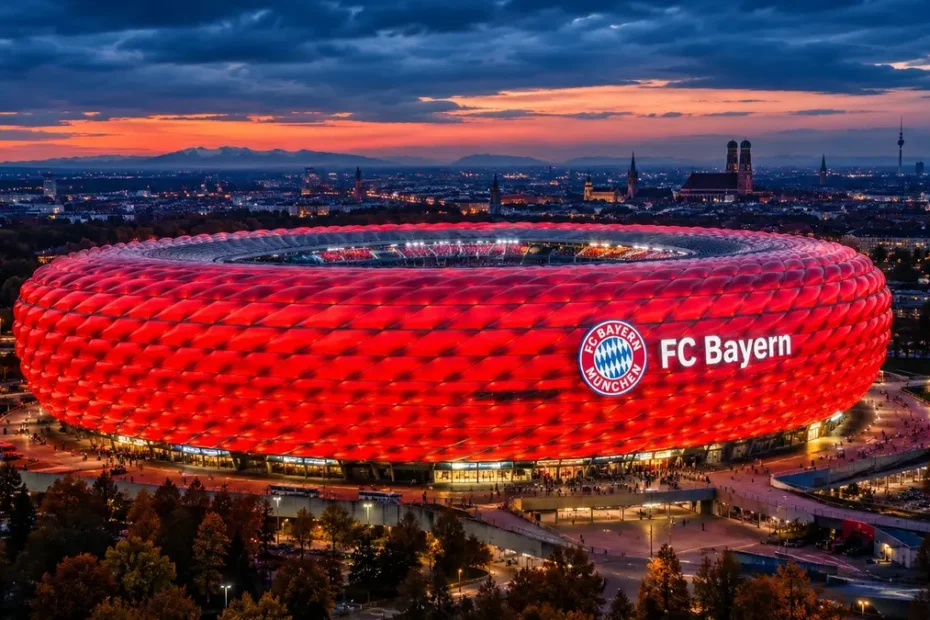 Rot leuchtende Allianz Arena des FC Bayern München bei Abenddämmerung mit der Münchner Skyline im Hintergrund.