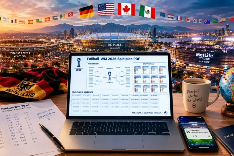 Fußball-WM 2026 Spielplan PDF auf Laptop mit Gruppen A–L, K.o.-Turnierbaum und den WM-Stadien in USA, Kanada & Mexiko.