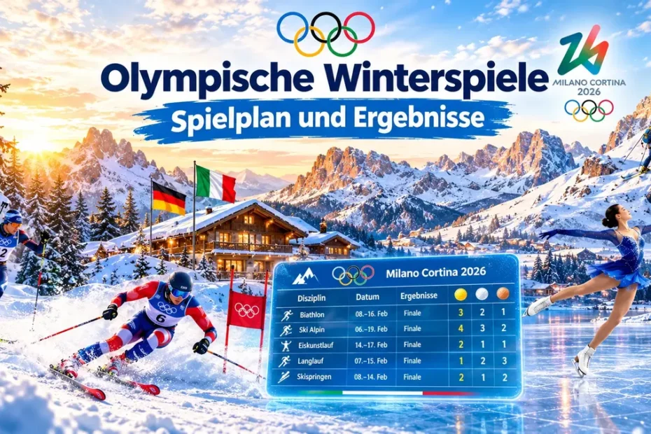 Olympische Winterspiele 2026 Spielplan und Ergebnisse: Infografik mit Zeitplan, Medaillenspiegel und Wintersport-Athleten vor den Dolomiten.
