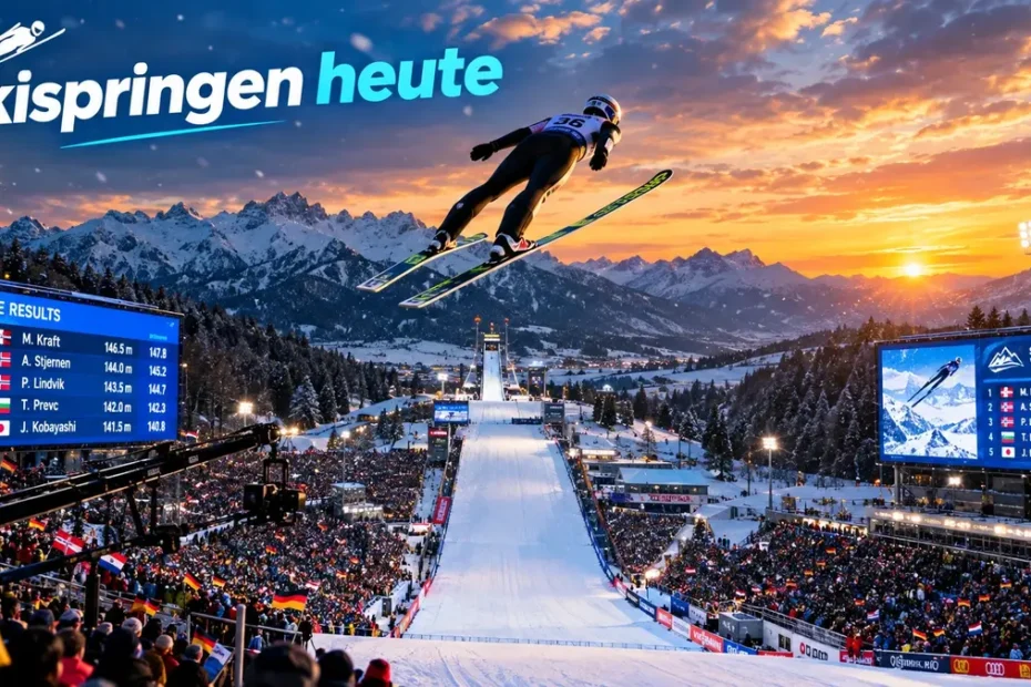 Skispringer im Flug über der Großschanze vor digitalen Anzeigetafeln mit Live-Ergebnissen und dem Schriftzug Skispringen heute.