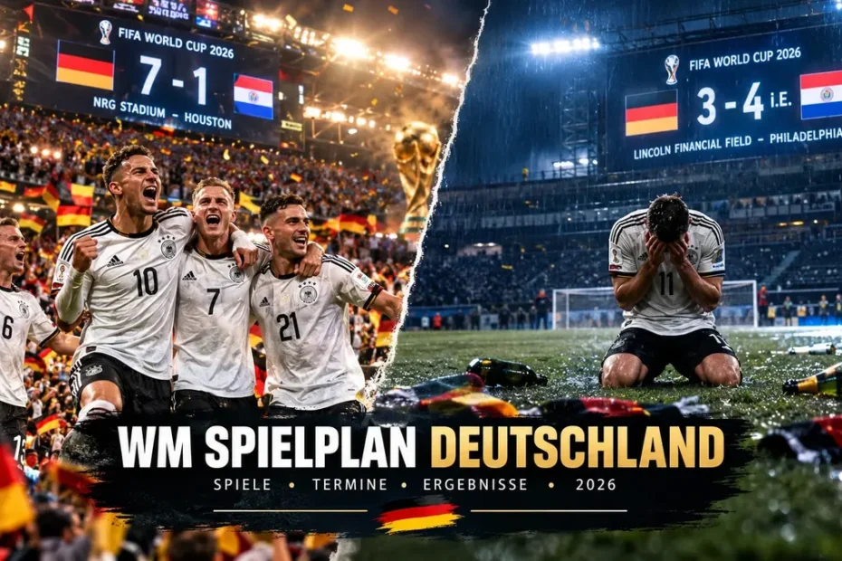 Alt-Text: Splitbild zum WM Spielplan Deutschland 2026: Links jubeln deutsche Nationalspieler über den 7:1-Auftaktsieg im NRG Stadium Houston, rechts kniet ein enttäuschter DFB-Spieler nach dem 3:4 i.E. K.o.-Aus in Philadelphia im Regen.